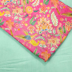 Pink Bird & Floral Digital Print Muslin Fabric
