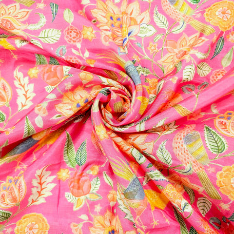 Pink Bird & Floral Digital Print Muslin Fabric