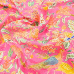 Pink Bird & Floral Digital Print Muslin Fabric