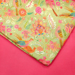 Moss Green Bird & Floral Digital Print Muslin Fabric