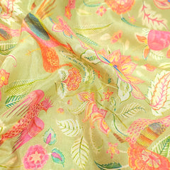 Moss Green Bird & Floral Digital Print Muslin Fabric