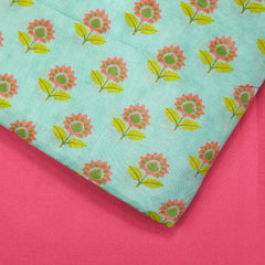 Floral Digital Print On Pastel Mint Green Base Muslin Fabric