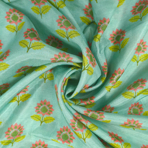 Floral Digital Print On Pastel Mint Green Base Muslin Fabric