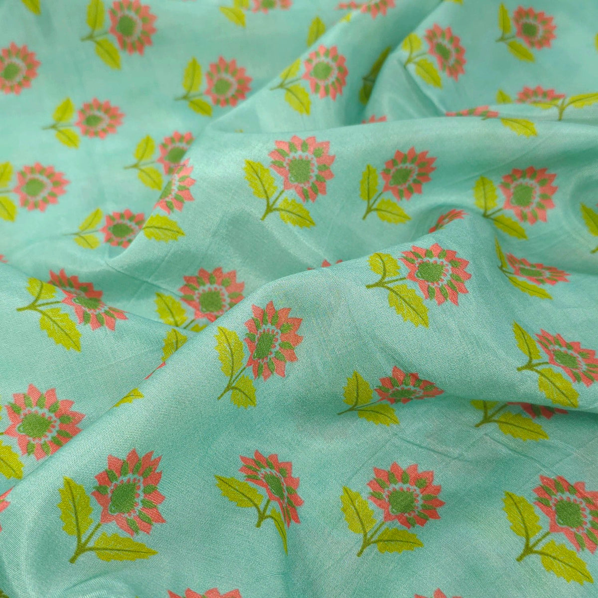 Floral Digital Print On Pastel Mint Green Base Muslin Fabric