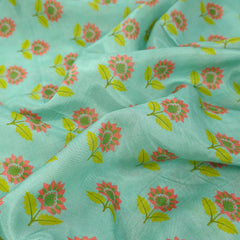 Floral Digital Print On Pastel Mint Green Base Muslin Fabric