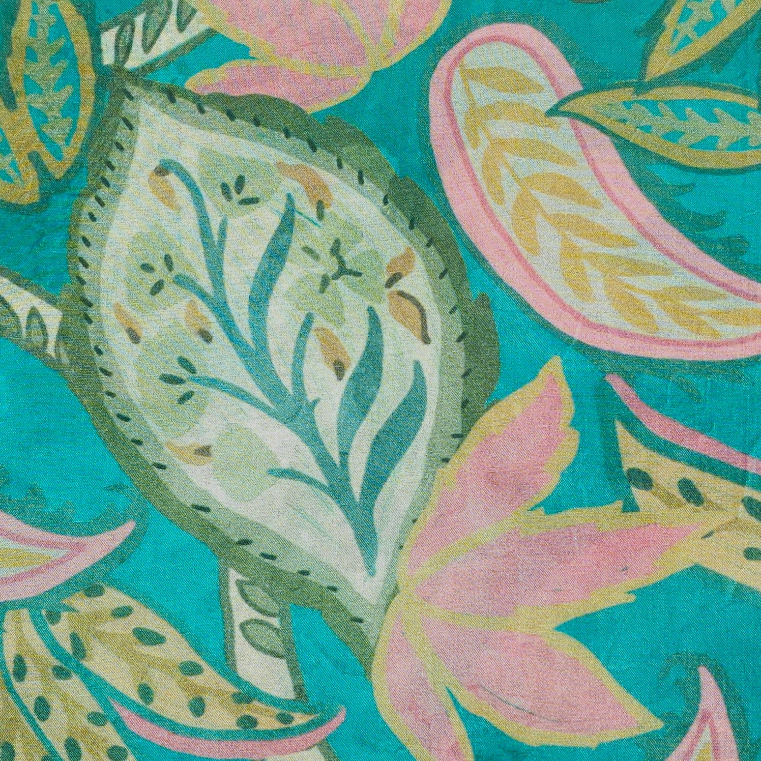 Floral Digital Print Paisley On Turquoise Base Muslin Fabric