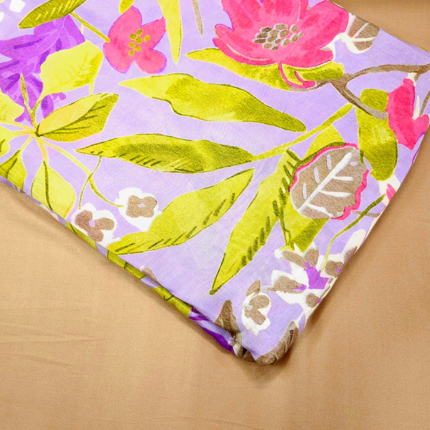Floral Digital Print On Lavender Base Muslin Fabric