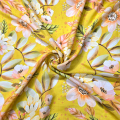 Digital Print Yellow Floral Work Muslin Fabric