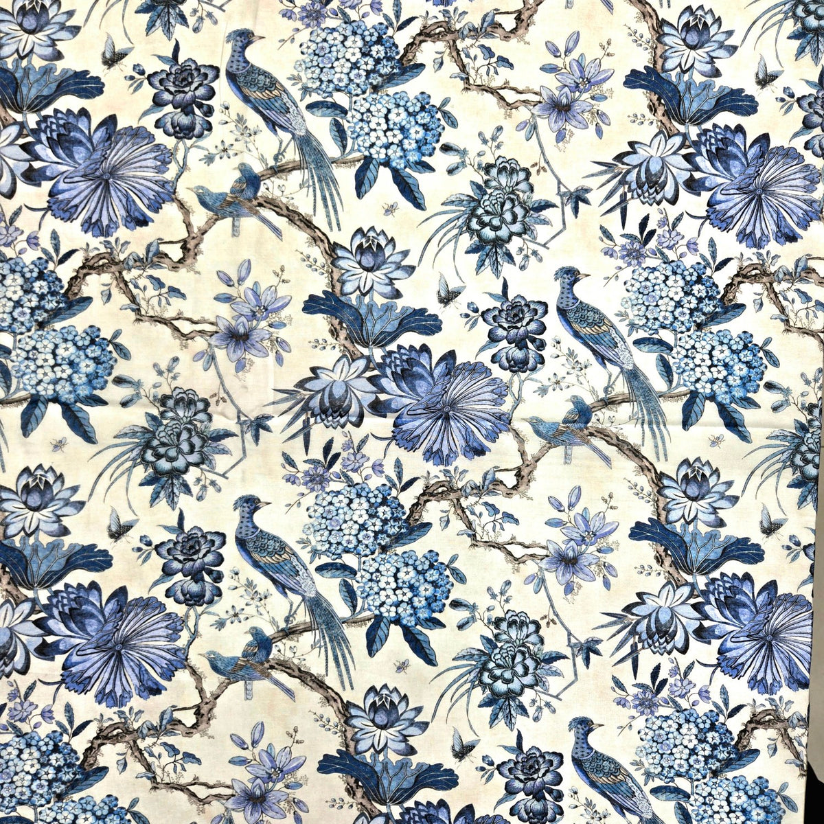 Digital Print Blue on Off-White Floral Work with Bird Motif Muslin Fabric