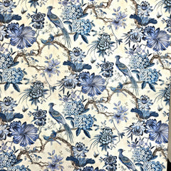 Digital Print Blue on Off-White Floral Work with Bird Motif Muslin Fabric
