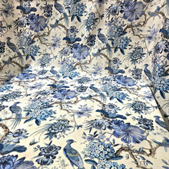 Digital Print Blue on Off-White Floral Work with Bird Motif Muslin Fabric