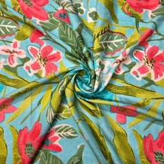 Digital Print on Teal Blue Muslin fabric with Red Floral Work