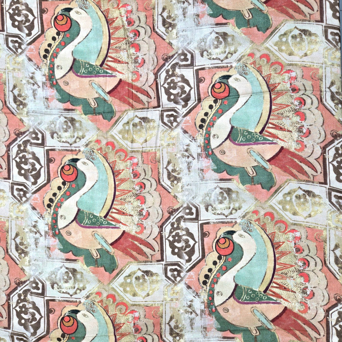 Digital Print on Off-White & Brown with Bird Motif Muslin Fabric