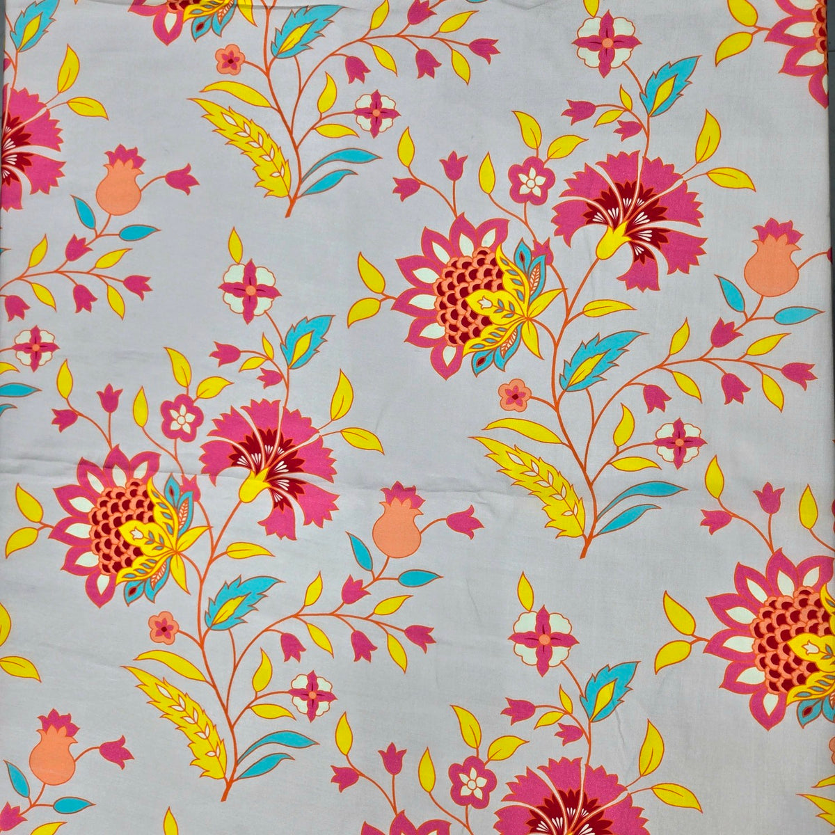 Digital Print on Peach Muslin Fabric with Floral Work
