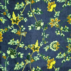 Digital Print on Navy Blue Muslin Fabric with Floral Work