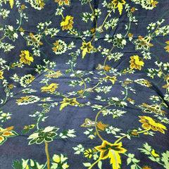 Digital Print on Navy Blue Muslin Fabric with Floral Work