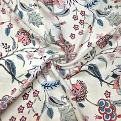 Digital Print on Cream Muslin Fabric with Floral Work