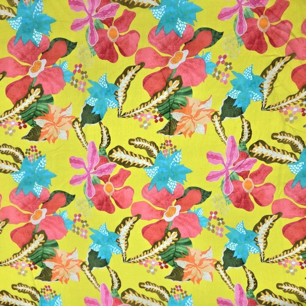 Digital Print on Yellow Muslin Fabric with Floral Work