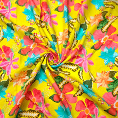 Digital Print on Yellow Muslin Fabric with Floral Work