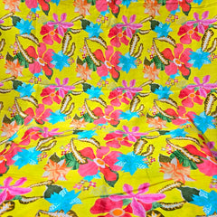 Digital Print on Yellow Muslin Fabric with Floral Work