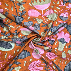 Digital Print on Rust Orange Muslin Fabric with Floral Work