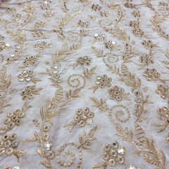 Shisha Dyeable Embroidered Mirror on Upada Silk Fabric with Floral Vine Work