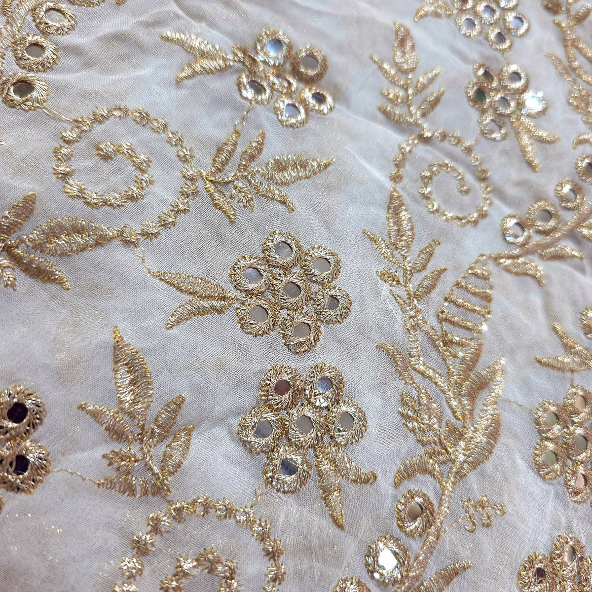 Shisha Dyeable Embroidered Mirror on Upada Silk Fabric with Floral Vine Work