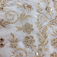 Shisha Dyeable Embroidered Mirror on Upada Silk Fabric with Floral Vine Work