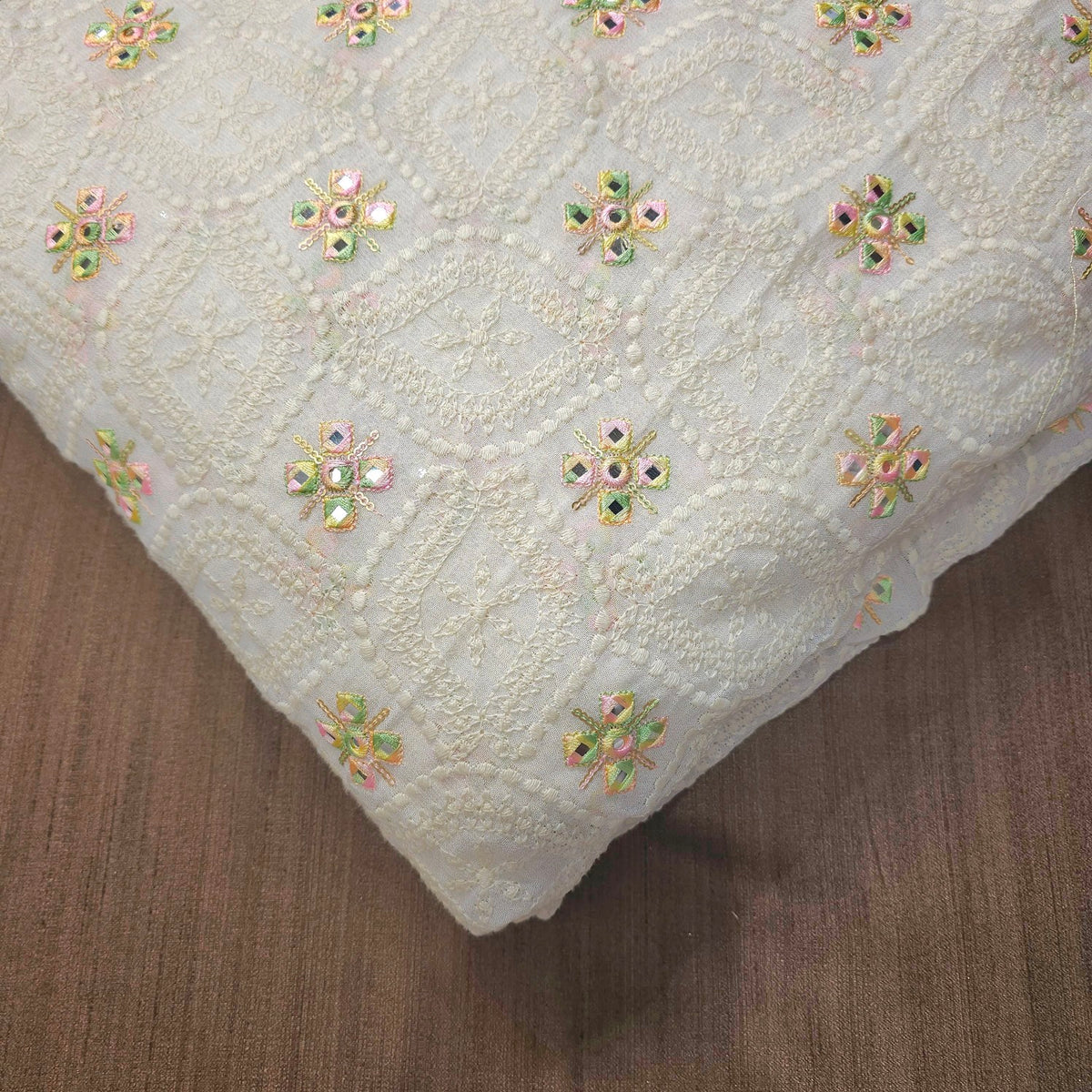 Sheesh-Aura Dyeable Georgette Fabric Jaali Pattern Mirror Work and Multicolor Threadwork