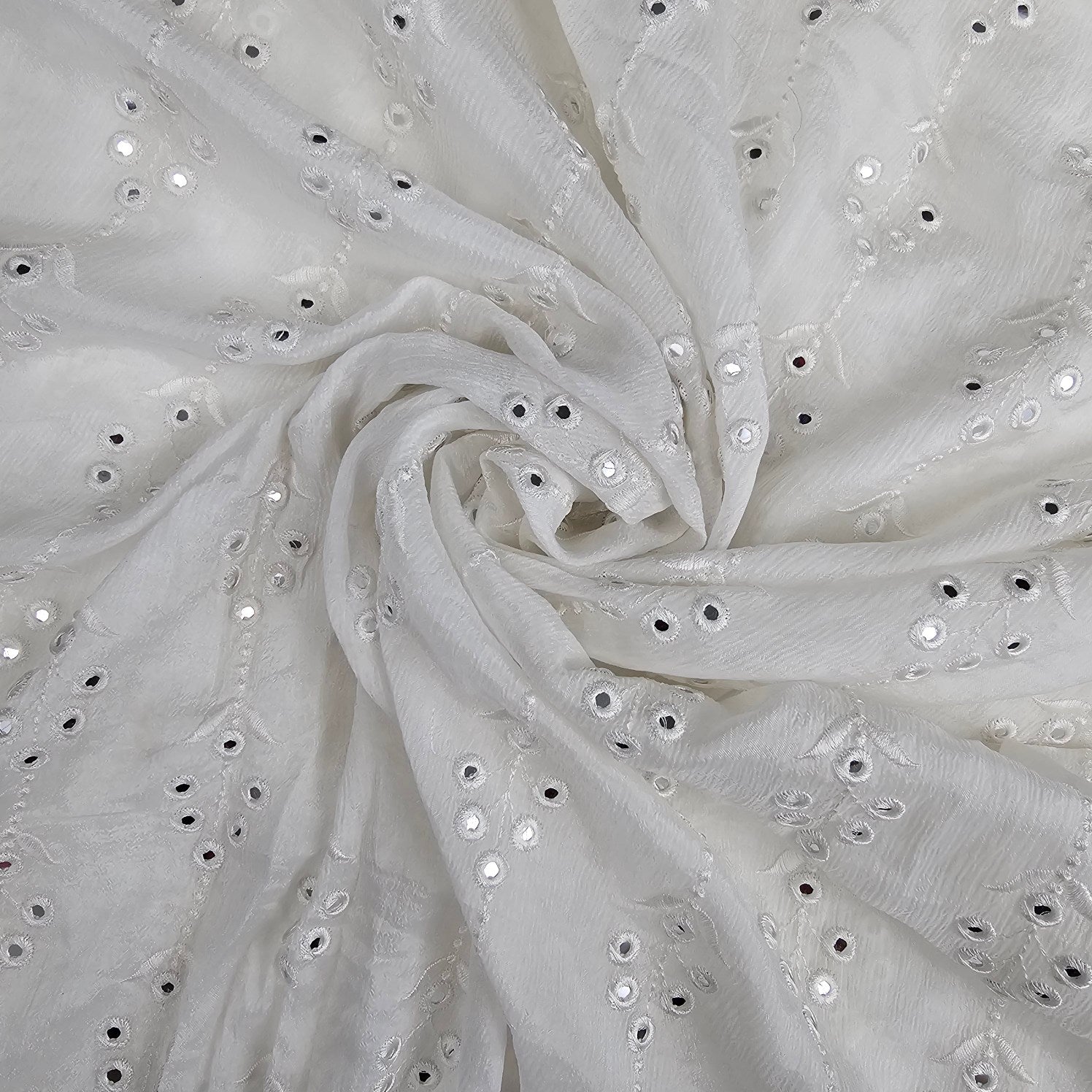 Shisha Dyeable Embroidered Chinon Fabric with Floral Mirror Work