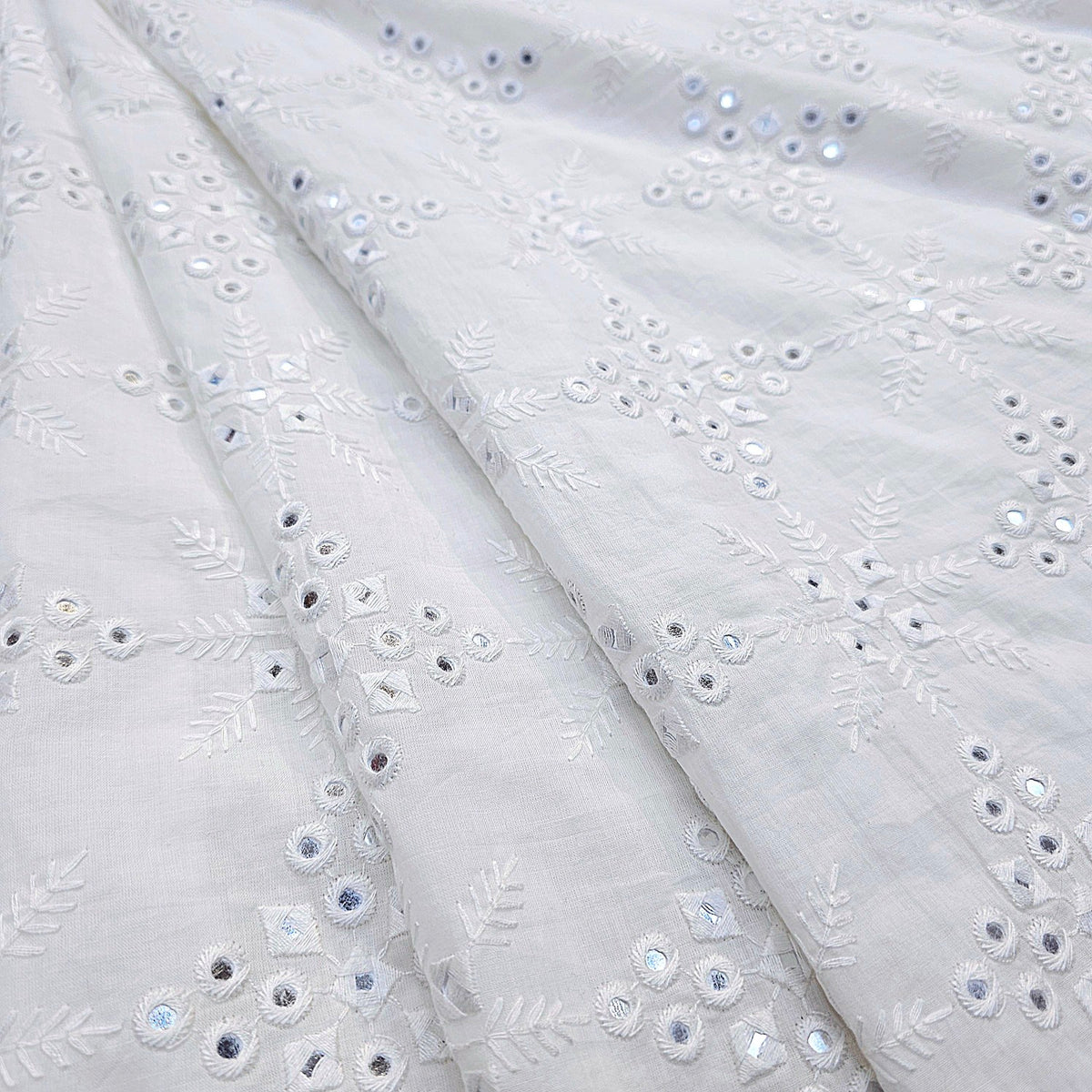 Shisha Dyeable Embroidered Cotton Fabric with Mirror Work