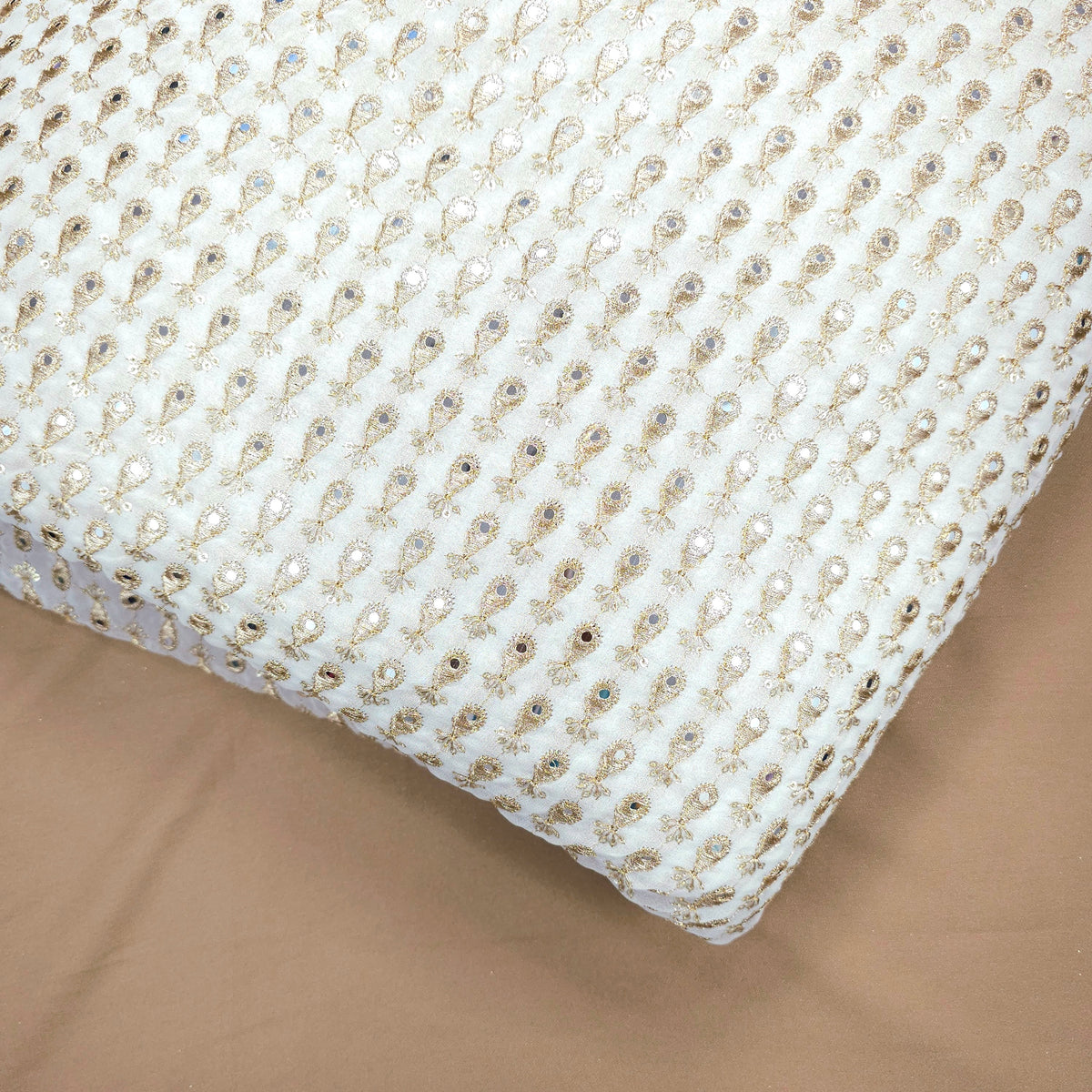 Sheesh-Aura Dyeable Georgette Fabric with Teardrop-shaped Mirror Work and Zari Work