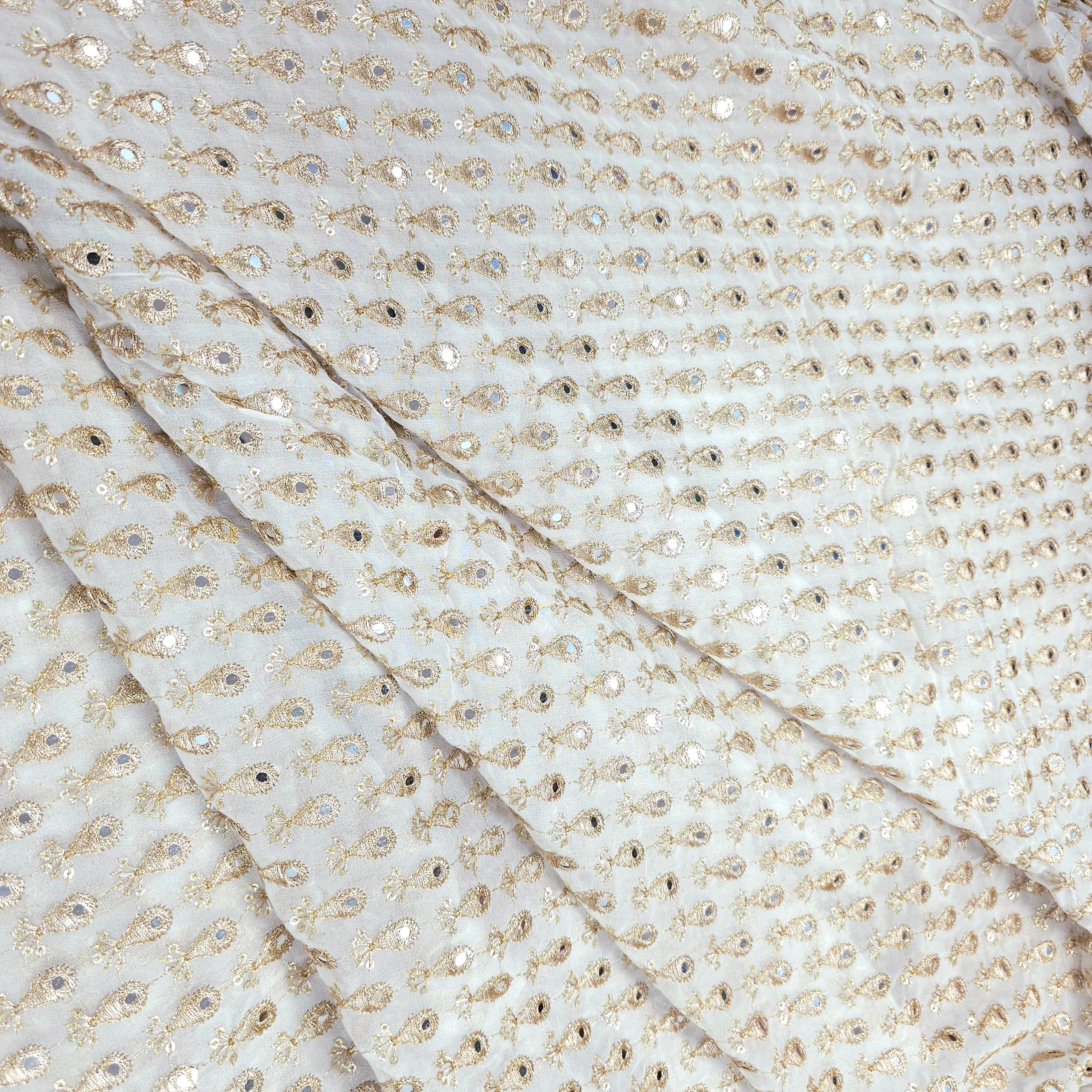Sheesh-Aura Dyeable Georgette Fabric with Teardrop-shaped Mirror Work and Zari Work