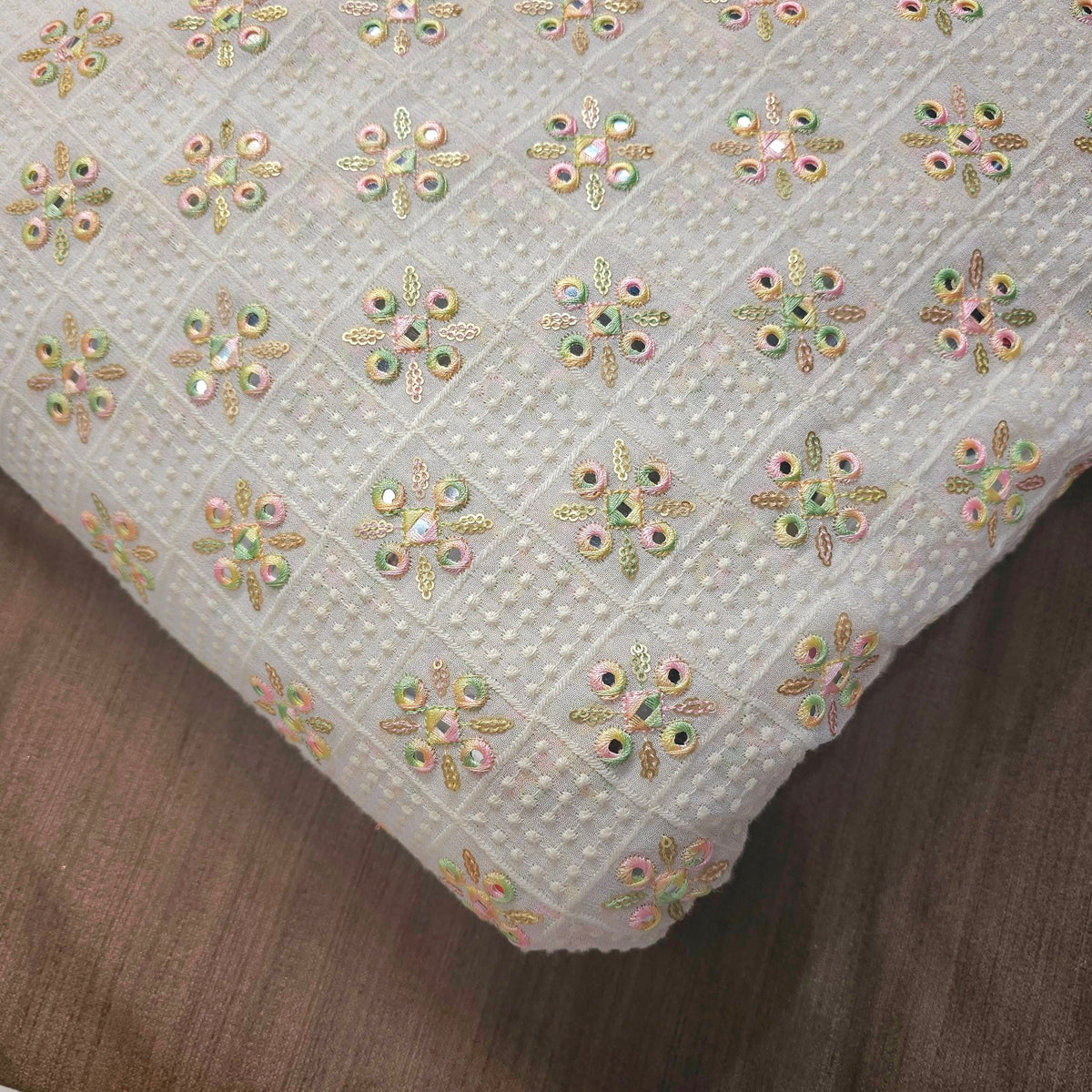 Sheesh-Aura Dyeable Georgette Fabric Grid Mirror Work and Multicolor Threadwork