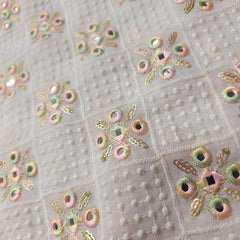 Sheesh-Aura Dyeable Georgette Fabric Grid Mirror Work and Multicolor Threadwork
