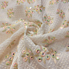 Sheesh-Aura Dyeable Georgette Fabric Grid Mirror Work and Multicolor Threadwork