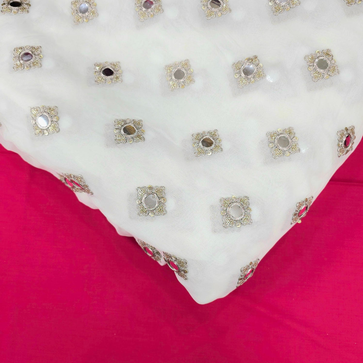 Dyeable Georgette Fabric with Round Mirror Butti, Sequin and Zari Work