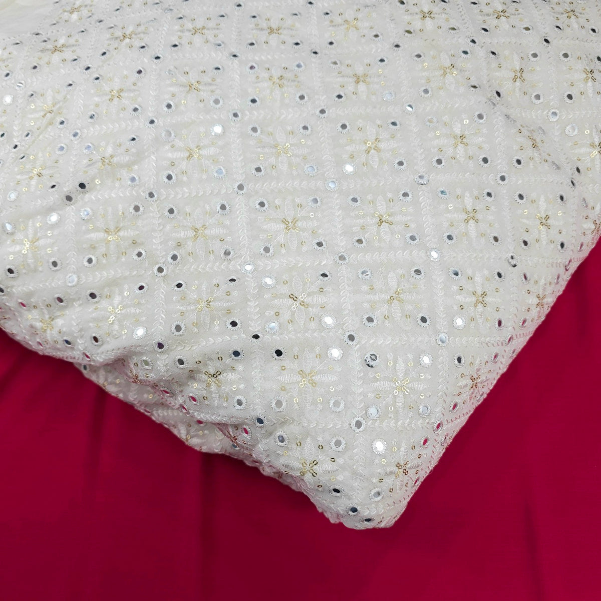 Dyeable Diamond Grids Mirror Work on Georgette Fabric with Resham & Sequin Work