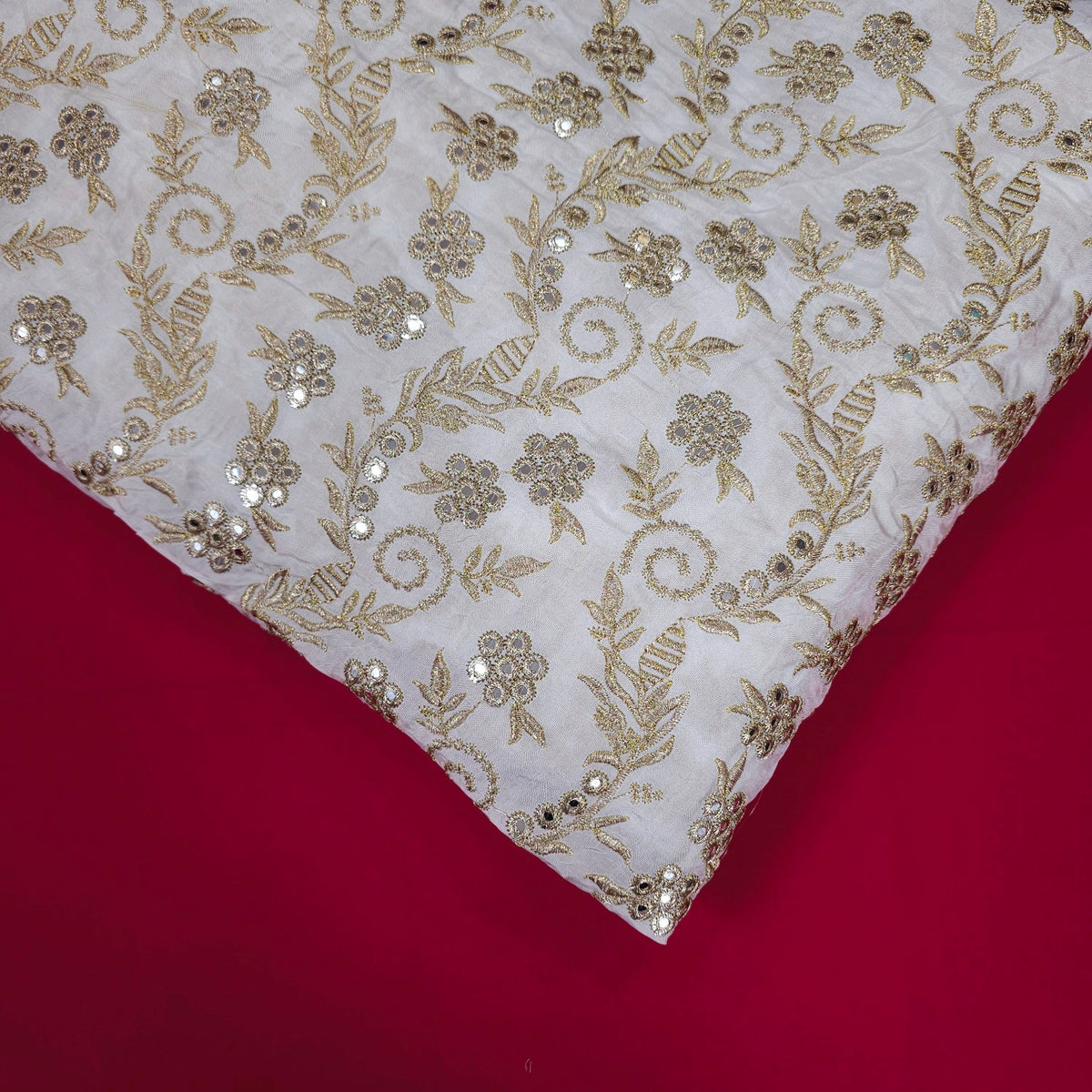 Dyeable Upada Silk Fabric with all over Floral and Vine Pattern with Mirror, Sequin and Zari Work