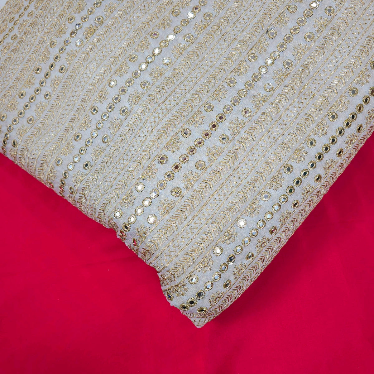 Dyeable Embroidered Organza Fabric with Linear Mirror Work