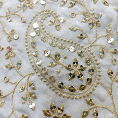 Dyeable Embroidered Georgette Fabric with Paisley Motif Mirror Work