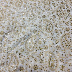 Dyeable Embroidered Georgette Fabric with Paisley Motif Mirror Work
