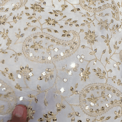 Dyeable Embroidered Georgette Fabric with Paisley Motif Mirror Work