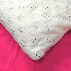 Dyeable Embroidered Georgette Fabric with Geometric Mirror Work and Leaf Threadwork