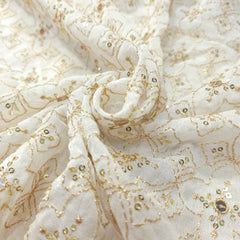Dyeable Embroidered Georgette Fabric with Mirror work and Golden Zari Work