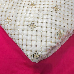 Dyeable Embroidered Georgette Fabric with Mirror work and Golden Floral Zari Work