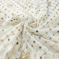 Dyeable Embroidered Georgette Fabric with Mirror work and Golden Floral Zari Work