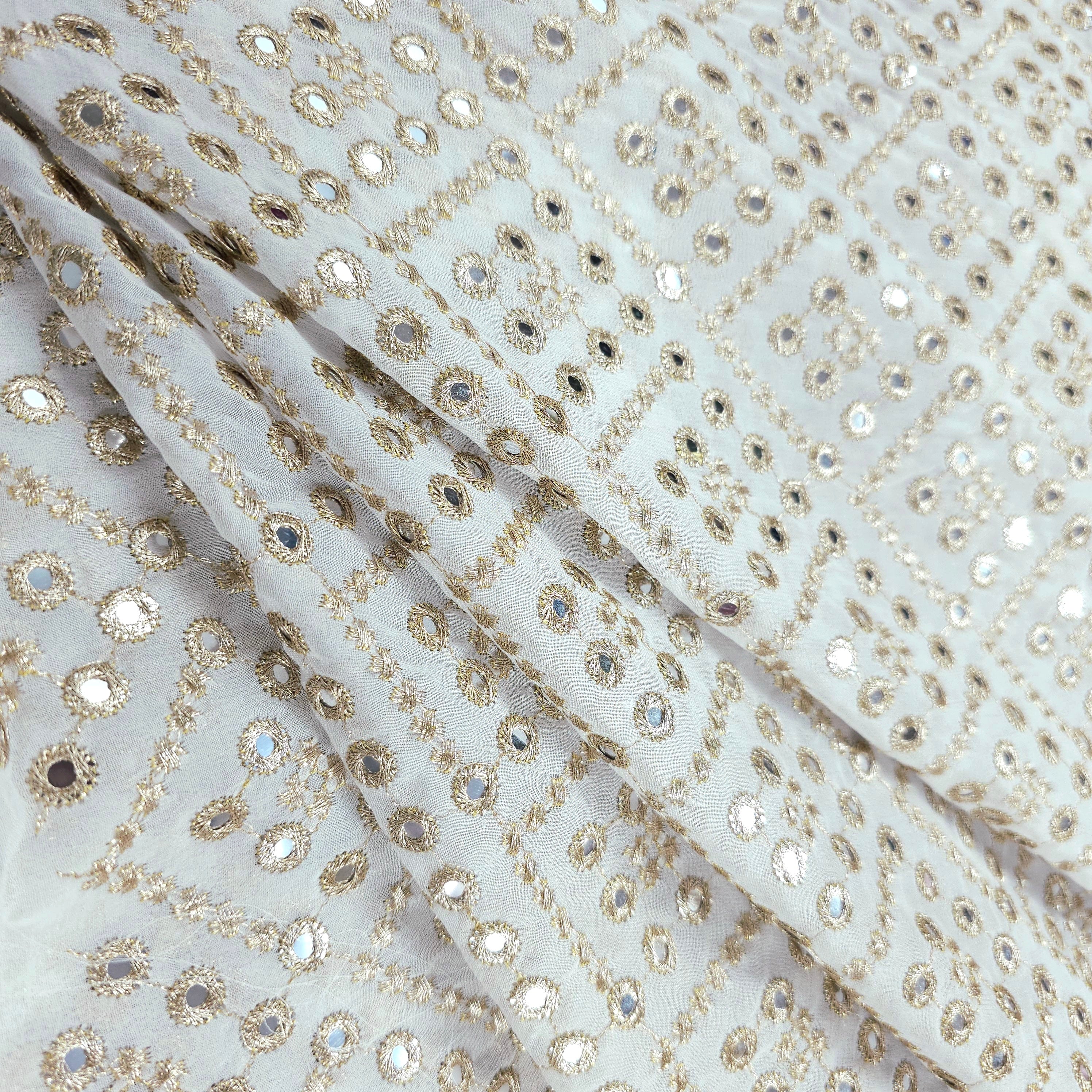 Sheesh-Aura Dyeable Georgette Fabric with Diamond Grids Mirror Work and Zari Work