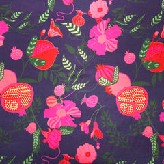 Digital Print on Muslin Fabric with Floral and Pomegranate Motifs on Plum Purple Base