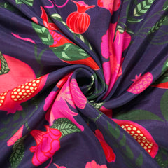 Digital Print on Muslin Fabric with Floral and Pomegranate Motifs on Plum Purple Base